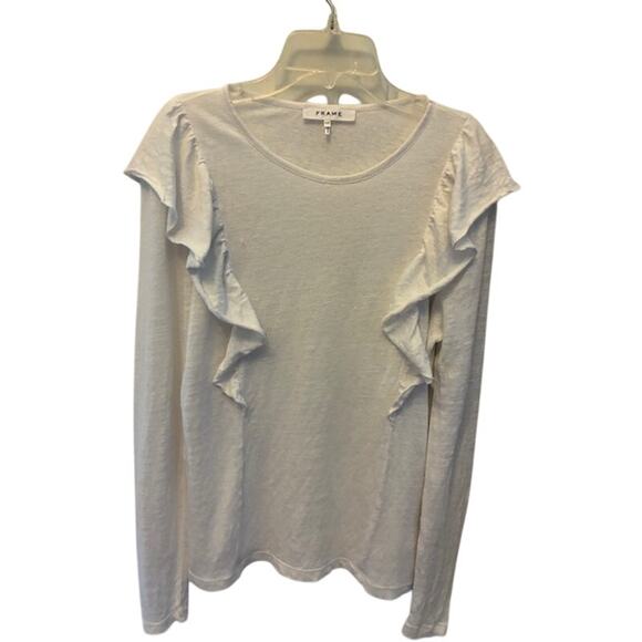 Frame Ruffle Shoulder Long Sleeve White Tee 100% Linen Women Medium EUC - Picture 1 of 5